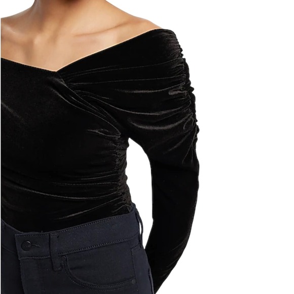 Express Body Contour Black Velvet Off Shoulder Asymmetrical Bodysuit, size XL - Picture 2 of 8